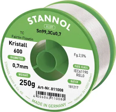 Stannol mehka spajkalna žica Kristall 600 v zlitini Flowtin TC Sn99Cu1 z 2,5% pretoka 0,7mm s premerom na 250 g koluta Stannol Kristall 600 Fairtin sp