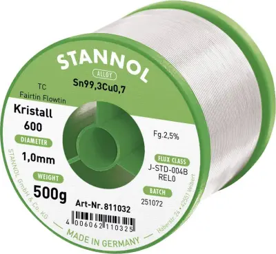 Stannol mehka spajkalna žica Kristall 600 v zlitini Flowtin TC Sn99Cu1 z 2,5% pretoka 1,0mm na premeru 500mm Stannol Kristall 600 Fairtin spajkalna ži