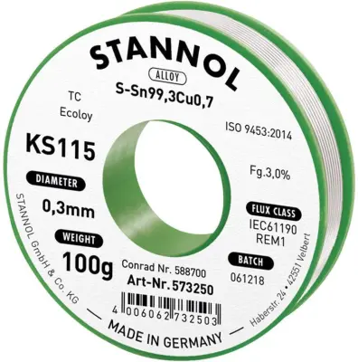 Stannol KS115 spajkalna žica\, neosvinčena tuljava Sn99\,3Cu0\,7 100 g 0.3 mm Neosvinčena žica za spajkanje Stannol KS115 SN99Cu1 100 g 0.3 mm