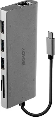 LINDY 43278 USB-C pretvornik [1x moški konektor USB-C - 3x USB 3.2 gen. 1 vtičnica A (USB 3.0), ženski konektor VGA, ženski konektor HDMI, RJ45 vtični