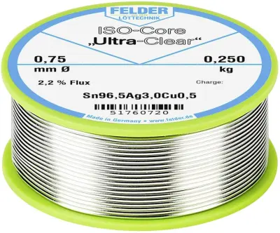 Felder ISO-Core ''Ultra Clear'' SAC305 spajkalna palica tuljava Sn96\,5Ag3Cu0\,5  0.250 kg 0.75 mm