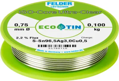 Felder ISO-Core ''Ultra Clear'' SAC305 spajkalna palica tuljava Sn96\,5Ag3Cu0\,5  0.100 kg 0.75 mm