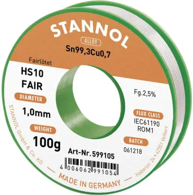 Stannol HS10-Fair spajkalna palica tuljava Sn99\,3Cu0\,7 ROM1 100 g 1 mm
