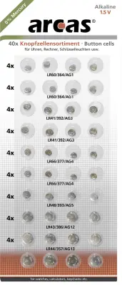 Arcas komplet gumbnih baterij 8x AG1\, AG3\, AG4\, AG13 in 4x AG5\, AG12 vsak