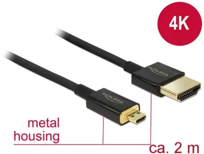 Delock HDMI priključni kabel HDMI-A  vtič\, HDMI-mikro-D  vtič 2.00 m črna 84783 #####4K UHD\, pozlačeni konektorji HDMI kabel