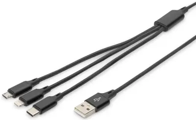 Digitus USB polnilni kabel Apple Lightning vtič , USB-A vtič, USB-C vtič, USB-mikro-B vtič 1 m črna izredno robusten pleteni plašč, prilagodljiv, kabe
