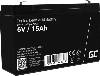 Green Cell AGM40 svinčeni akumulator 6 V 15 Ah svinčevo-koprenast (ŠxVxG) 151 x 100 x 94mm ploščati vtič, 6,35mm obstojnostni cikel, brez vzdrževanja