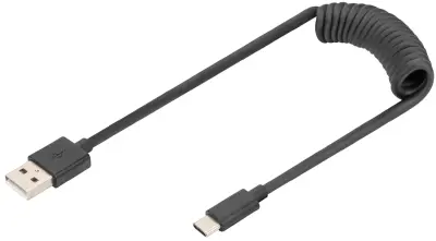 Digitus USB kabel USB 2.0 USB-A vtič, USB-C vtič 1 m črna primeren za obojestranski priključek , dvojno oklopljen, prilagodljiv, spiralni kabel AK-300