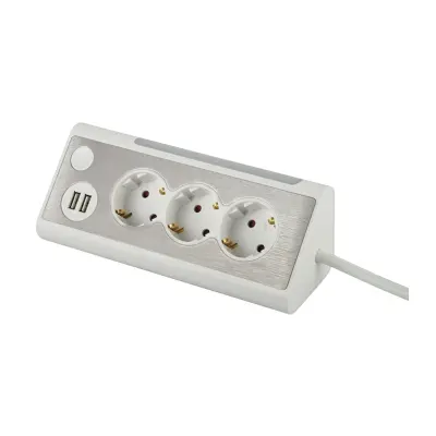 Kotni električni podaljšek 1,5m z 3x 230 V AC in 2x USB beli