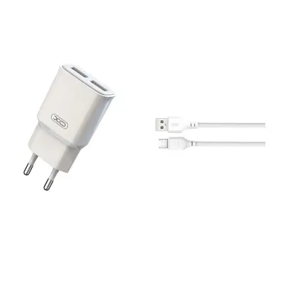 Polnilec za telefon XO L92C 2xUSB 2,4A bel + microUSB kabel