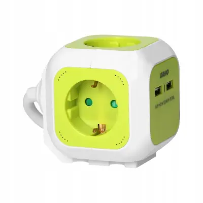Podaljšek "kocka" 4xšuko + 2xUSB 1,4m kabla zelen