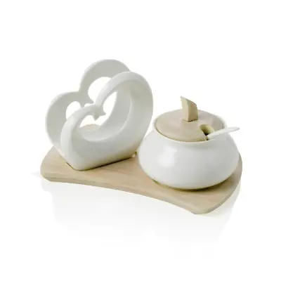 Set podstavek za serviete srce + sladkornica na bambusovem podstavku 20,5x12xh10cm / porcelan
