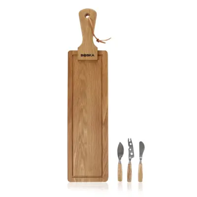Set deska za rezanje pravokotna 12x53x3,5cm + 3kos noži za sir Friends / les, inox