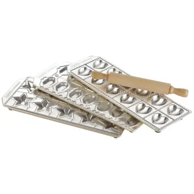 Set modelov za raviole z lesenim valjarjem Ravolamp Tris / 3 kos / aluminij, les