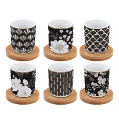 Set 6 kozarcev za črno kavo z lesenim podstavkom Atmosphere Artdeco Flower / 6 kos / porcelan