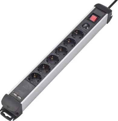 6-smerni napajalni pas z USB in prenapetostno zaščito Razdelilnik s stikalom\, 6x\, črn\, srebrn Renkforce