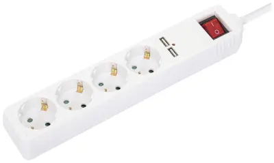 Manhattan 4-smerni napajalni razdelilnik z 2 vhodoma USB za polnjenje in stikalom za vklop Manhattan 168342 razdelilna letev s stikalom bela vtičnica