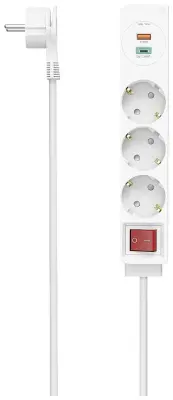 Napajalni razdelilnik, 3-smerni, USB-C/A 18W, PD/QC, stikalo, ploščati razdelilnik, 1,4 m, W Hama 00223185 razdelilna letev s stikalom bela vtičnica 1