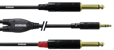 Prisrčen 1\,5 m priključek REAN 3\,5 mm / 2 x 6\,3 mm priključek Y kabel Kabel CORDIAL 1\,5 m\, REAN 3\,5 mm/2 x 6\,3 mm CFY1\,5WPP