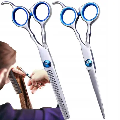 Set dveh inox frizerskih škarij za rezanje in redčenje las