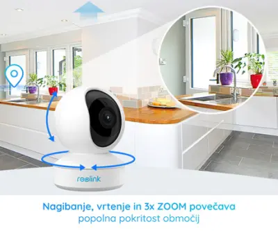 Kamera Reolink E1 ZOOM, brezžična WiFi, 5MP Super HD, 3x Zoom povečava, nočno snemanje, senzor gibanja, aplikacija, dvosmerna komunikacija, vrtljiva 3