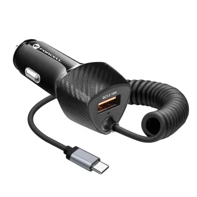 38 W avtomobilski polnilec USB z vgrajenim kablom USB-C za pametni telefon in tablicni racunalnik, Forcell - karbonsko crn