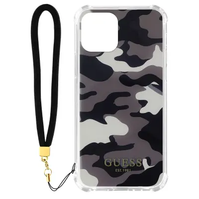 Guess iPhone 12 Pro Max Shockproof Camouflage Pattern etui s pašckom za zapestje Guess Design - siv