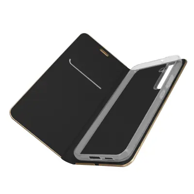 Ovitek za Samsung Galaxy S22 z držalom za kartice in kovinskim okvirjem, Forcell Luna Book zlata - crna