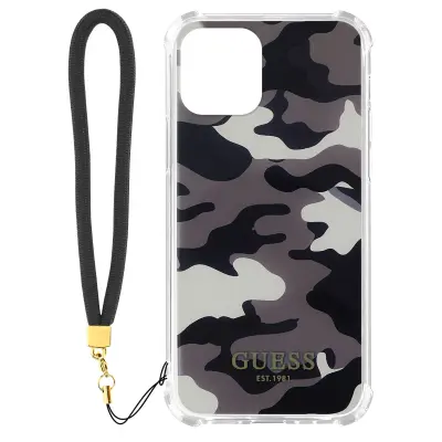 Guess ovitek z kamuflažnim vzorcem, odporen na udarce za iPhone 11 z zapestnim pašckom Guess Design - siv