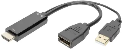 Digitus DisplayPort/HDMI/USB kabel DisplayPort vtičnica, HDMI-A vtič, USB-A vtič 0.2 m črna AK-330101-002-S 4K UHD, dvojno oklopljen, prilagodljiv, br