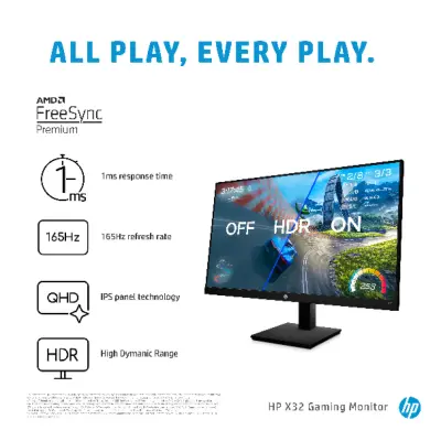 Monitor HP 80 cm (31,5") X32 2560x1440 Gaming 165Hz IPS 1ms HDMI DisplayPort HAS  3H sRGB99% FreeSync HDR400