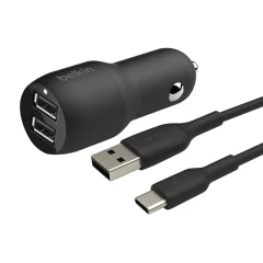 24 W dvojni avtomobilski polnilnik USB z 1 m kabla USB-C, Belkin - crn