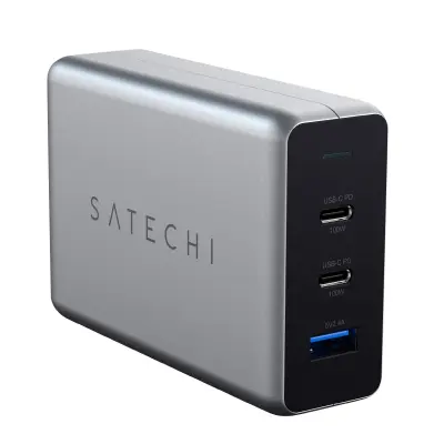 Satechi Omrežni polnilnik GaN 100 W, 2 USB C Power Delivery USB, omrežni kabel, siva