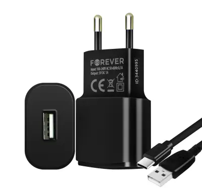 1A omrežni polnilec z 1,2 m kabla USB tipa C, za vedno - crn