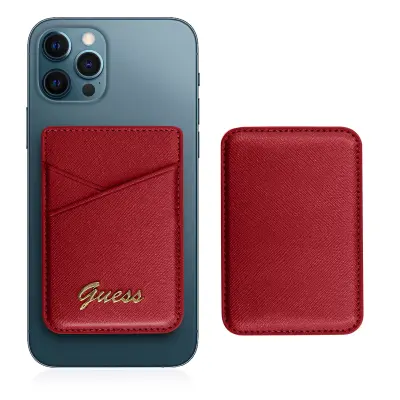Držalo za kartice Magsafe iPhone 12 Magnetna fiksacija Guess Saffiano rdeča
