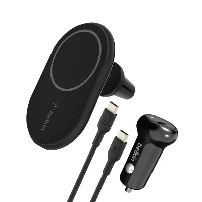 Avtomobilski polnilec MagSafe iPhone 10 W, avtomobilski polnilnik z ventilacijskim ventilom in kabel USB-C, Belkin Boost Charge - crn
