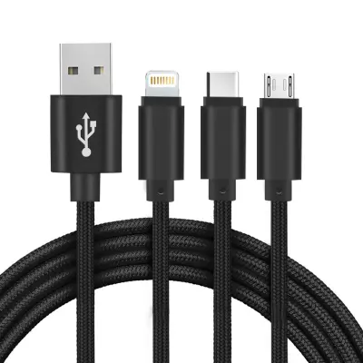 Kabel 3 v 1 USB C / Lightning / micro-USB, robusten najlonski kabel 1 m, Setty - crn