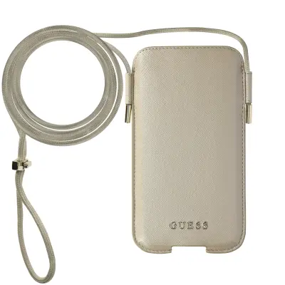 Guess torbica za pametni telefon 6,1'' videz zrnatega usnja z naramnico, Saffiano - zlata