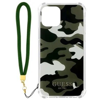 Guess iPhone 12 Pro Max, odporen proti udarcem, kamuflažni ovitek z dizajnom zapestnega pašcka Guess - kaki