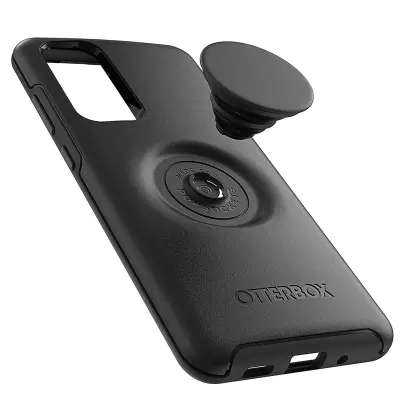 Ovitek za Samsung S20 Plus, odporen na udarce, z rocajem in stojalom PopGrip, serija OtterBox Pop Symmetry - crn