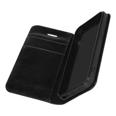 Ovitek Folio iz pravega usnja za iPhone 5 / 5S / SE 2017, držalo za kartice, video stojalo, črna
