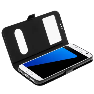 Ovitek za Samsung Galaxy S7 z dvojnim oknom, video stojalo, črn