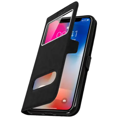 Ovitek za iPhone X/XS z dvojnim oknom, video stojalo, črna