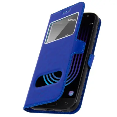 Ovitek za Samsung Galaxy J3 2017 z dvojnim oknom, video stojalo, mornarsko modra