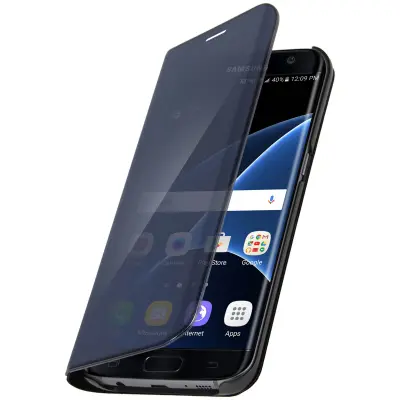 Preklopna torbica, zrcalna torbica za Samsung Galaxy S7 Edge, stoječi ovitek – črna