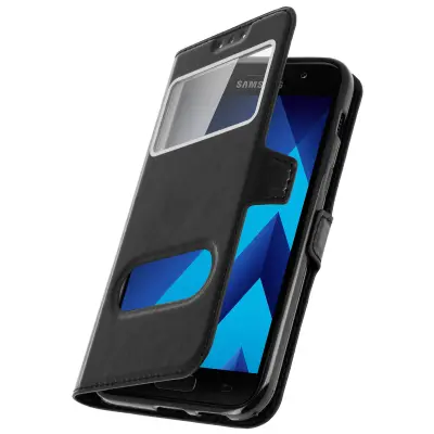 Ovitek za Samsung Galaxy A3 2017 z dvojnim oknom, video stojalo, črn