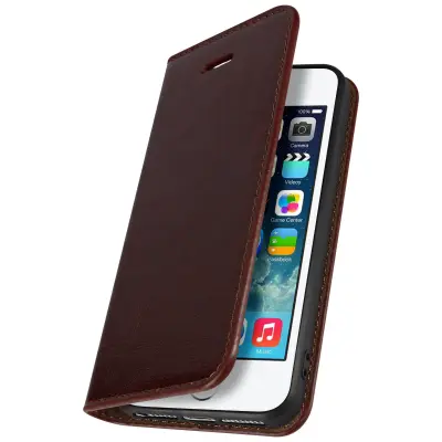 Ovitek Folio iz pravega usnja za iPhone 5 / 5S / SE 2017, držalo za kartice, video stojalo, rjava