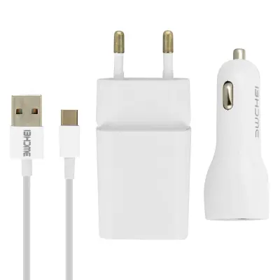 2,1 A polnilni komplet 2,1 A avtomobilski polnilnik 1 m kabel USB tipa C - bel
