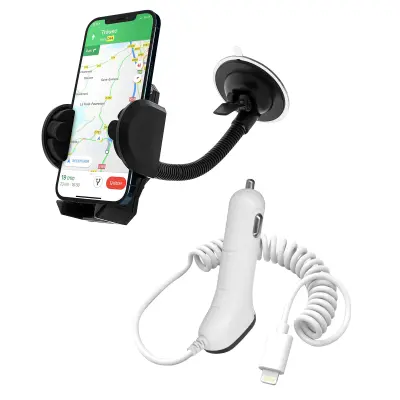 Paket avtomobilskega polnilnika za cigaretno vtičnico 2v1 Car Suppport Lightning, narejen za iPhone