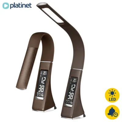 PLATINET PDLU2 usnjena namizna LED svetilka, ura, datum, temperatura, rjava